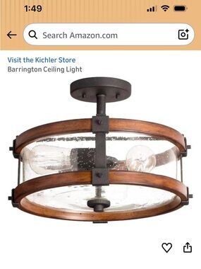 Semi-Flush Wood and Seeded Glass Ceiling Light - Brown